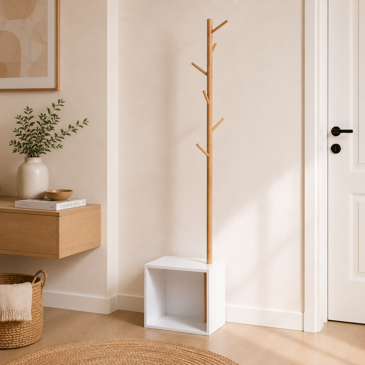 Porte-Manteau sur Pied Bois avec Cube