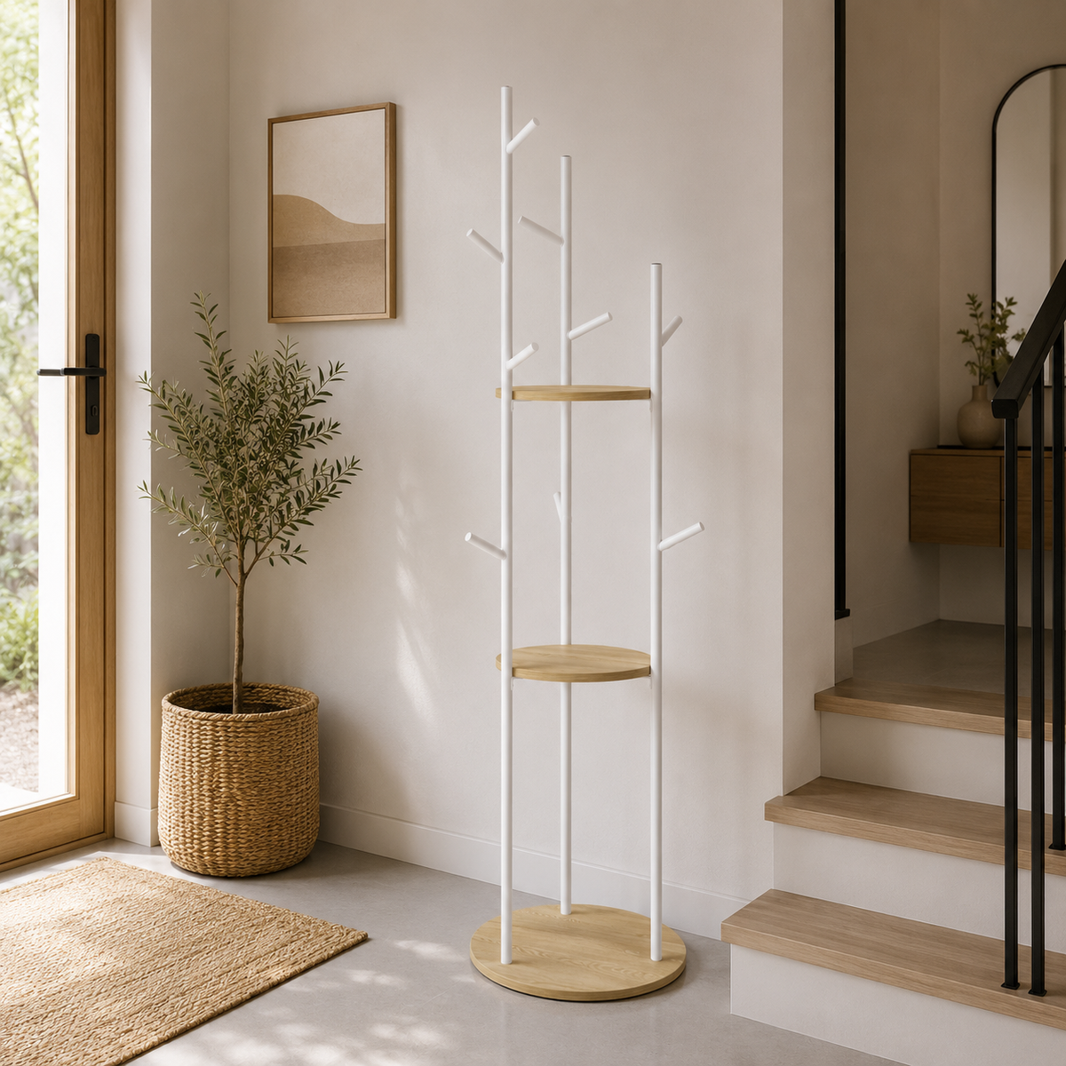 Porte-Manteau sur Pied Blanc avec Étagères Rondes