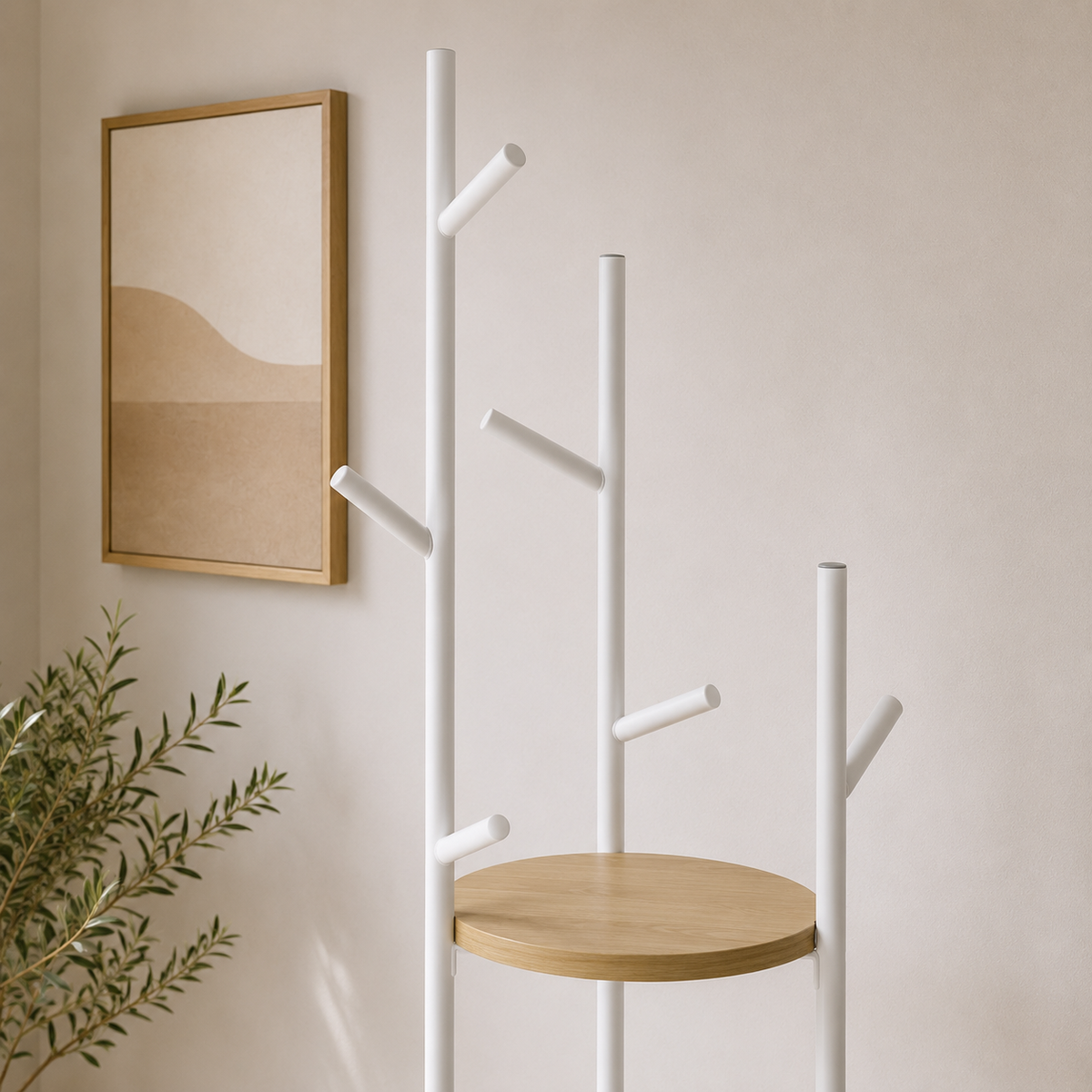 Porte-manteau blanc étagères rondes - ambiance 1