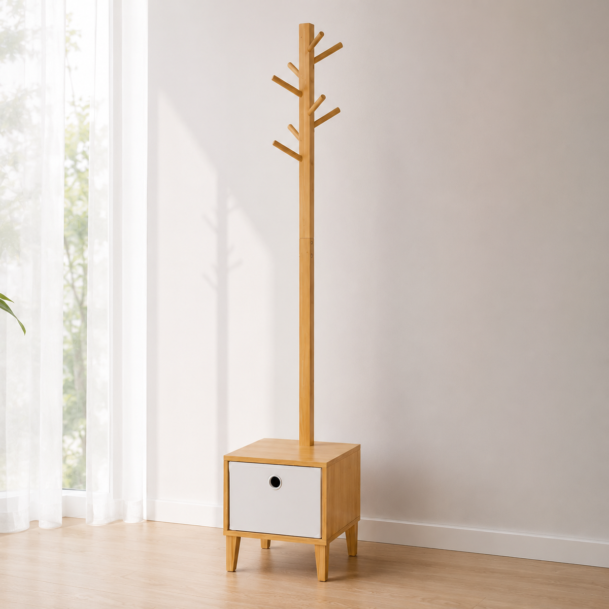 Porte-Manteau sur Pied Bambou avec Assise et Tiroir