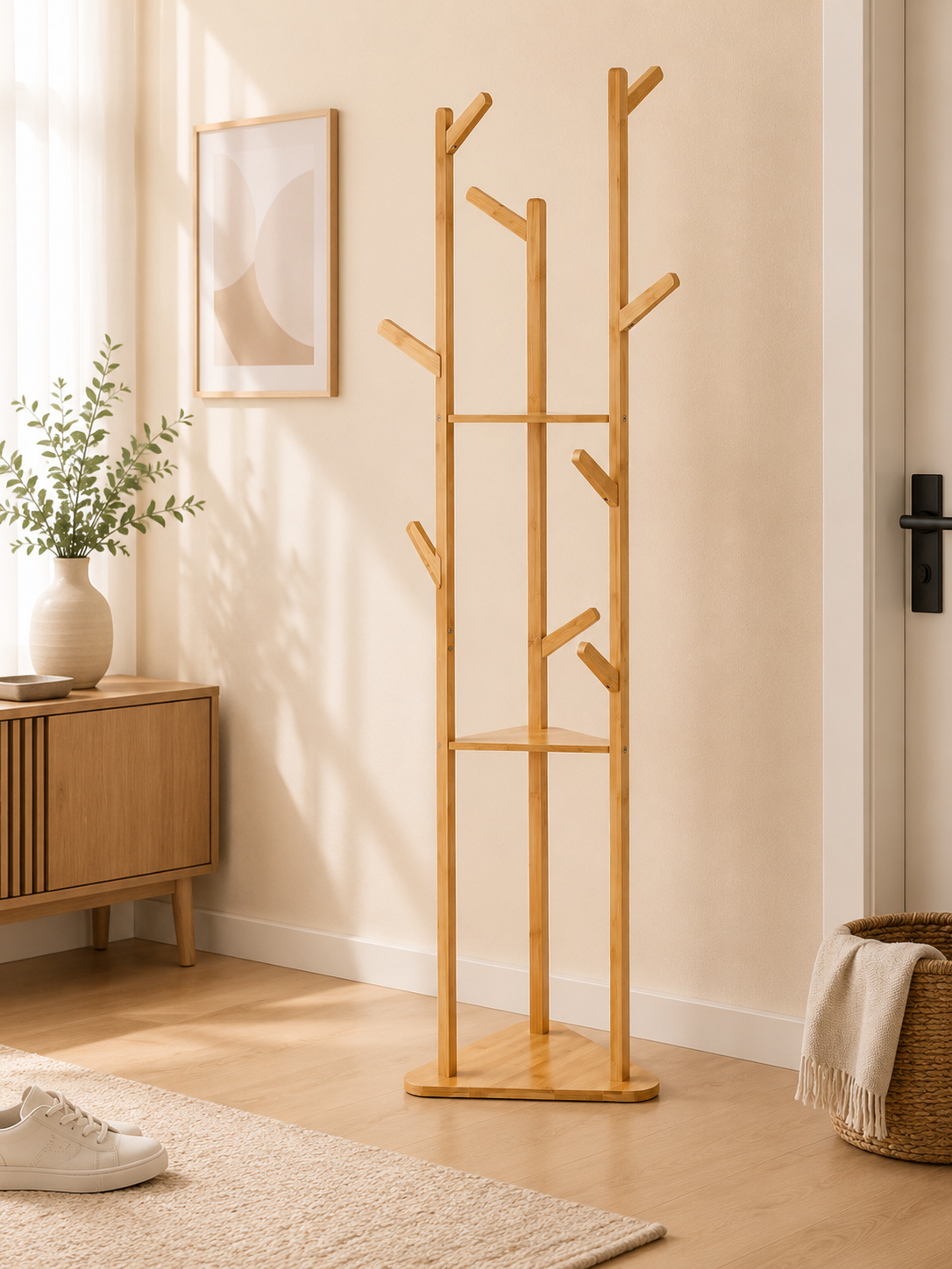 Porte-Manteau sur Pied Bois avec 2 Étagères