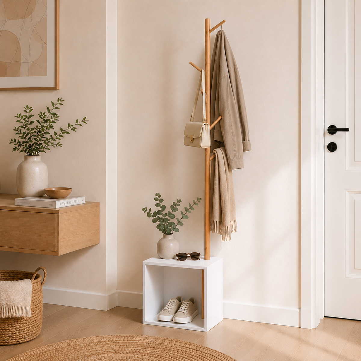 Porte-manteau sur pied bois avec cube - ambiance 3