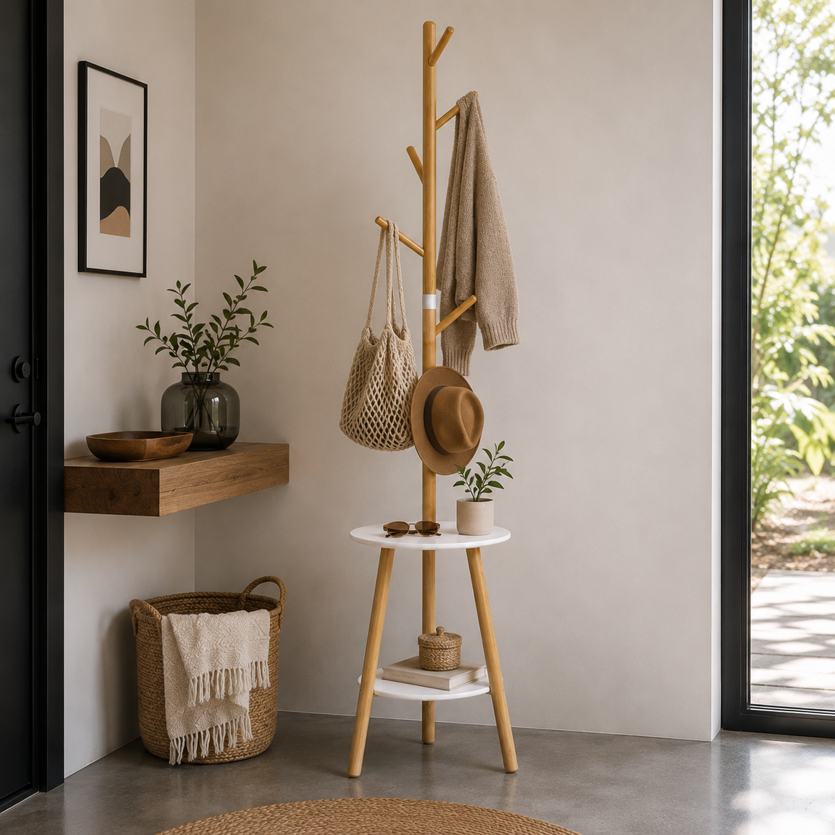 Porte-manteau bambou étagères rondes - ambiance 3