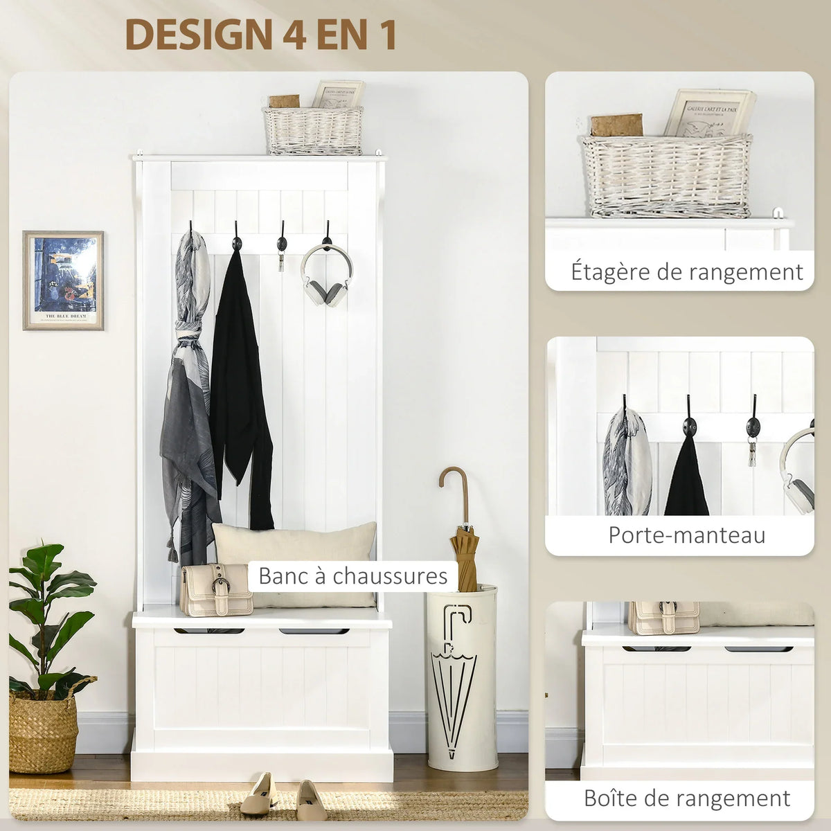Meuble d'entrée 4-en-1 blanc - design 4 en 1