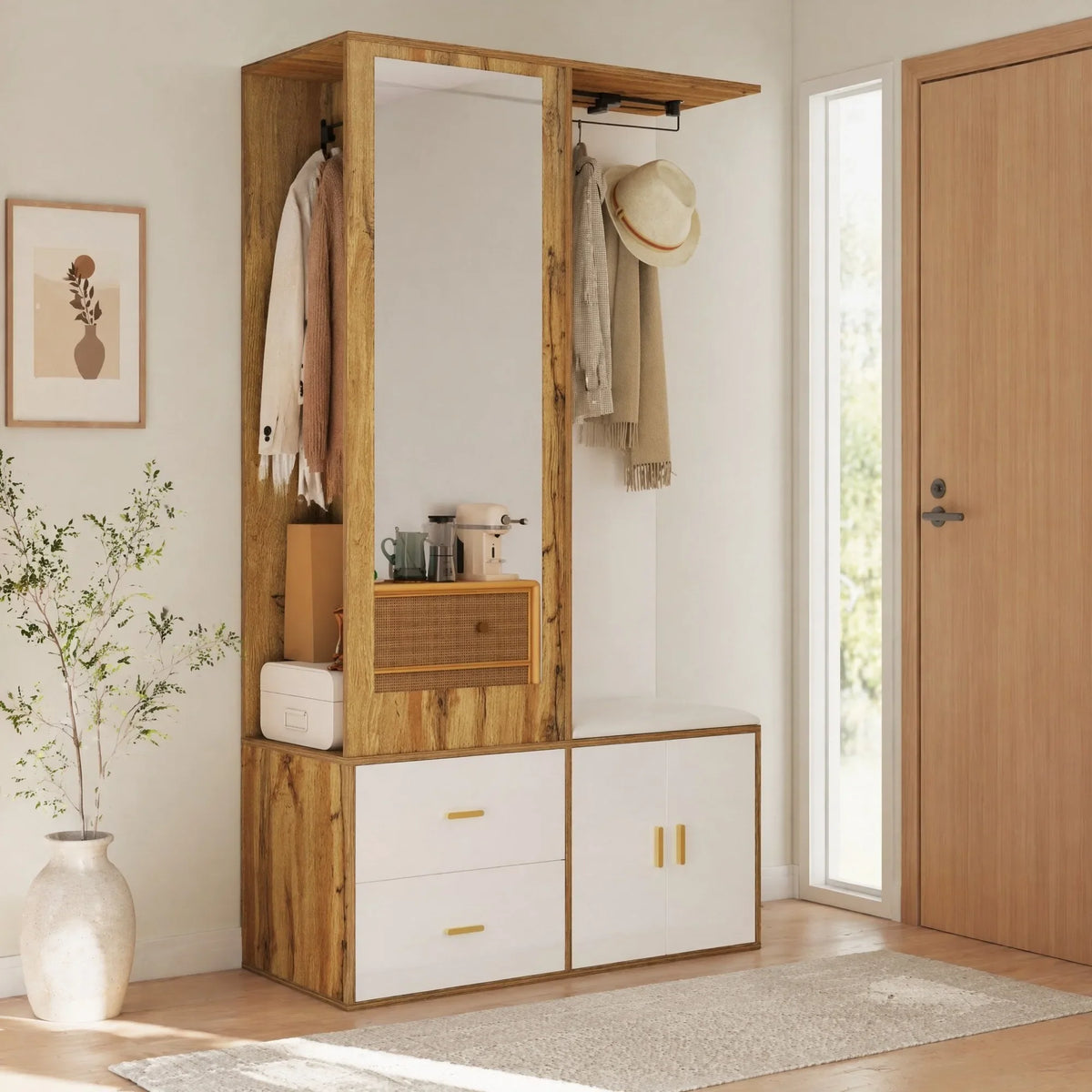 Porte-manteau compact blanc et bois - ambiance 1