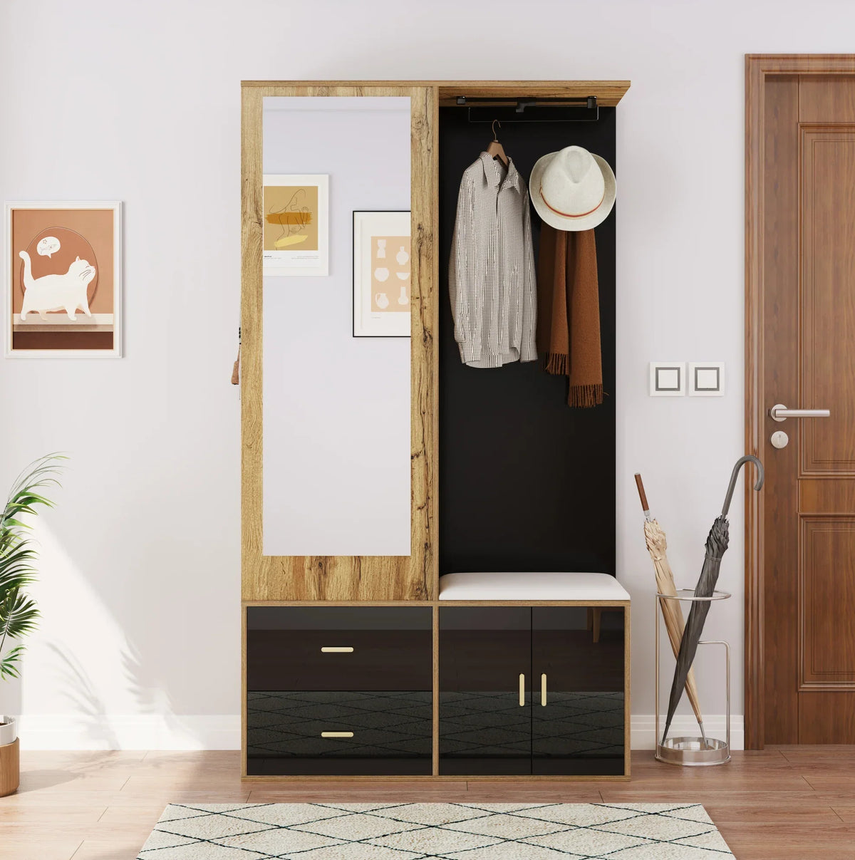 Porte-manteau compact noir et bois - ambiance 2