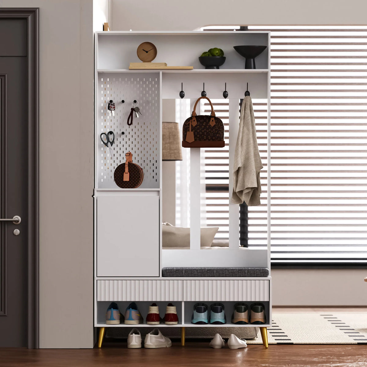 Porte-manteau couloir blanc 6-en-1 - zoom intérieur