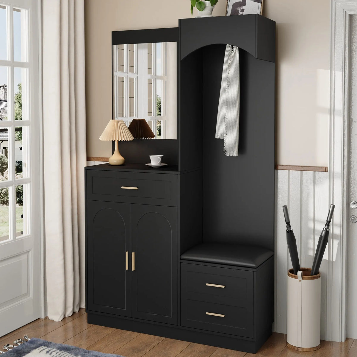 Porte-manteau compact noir miroir - ambiance 2