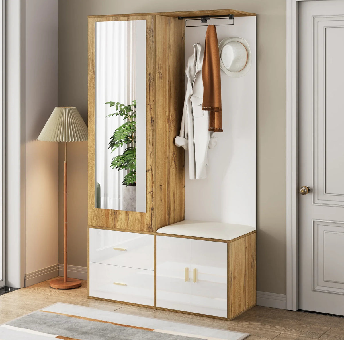 Porte-manteau compact blanc et bois - ambiance 2