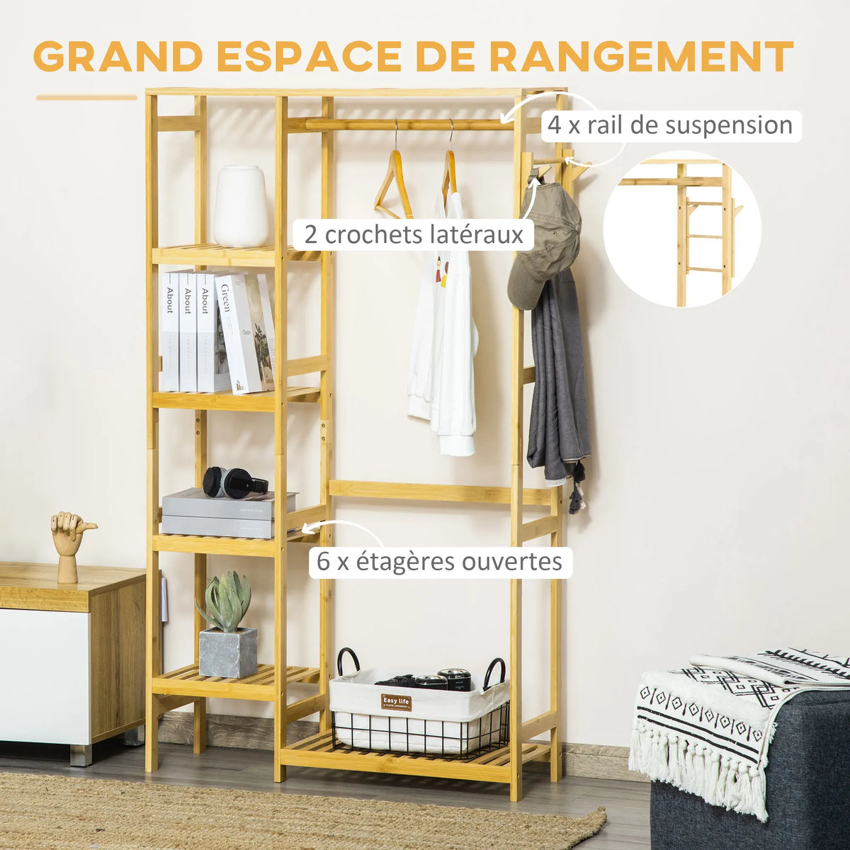 Porte-vêtements bambou minimaliste - grand espace de rangement