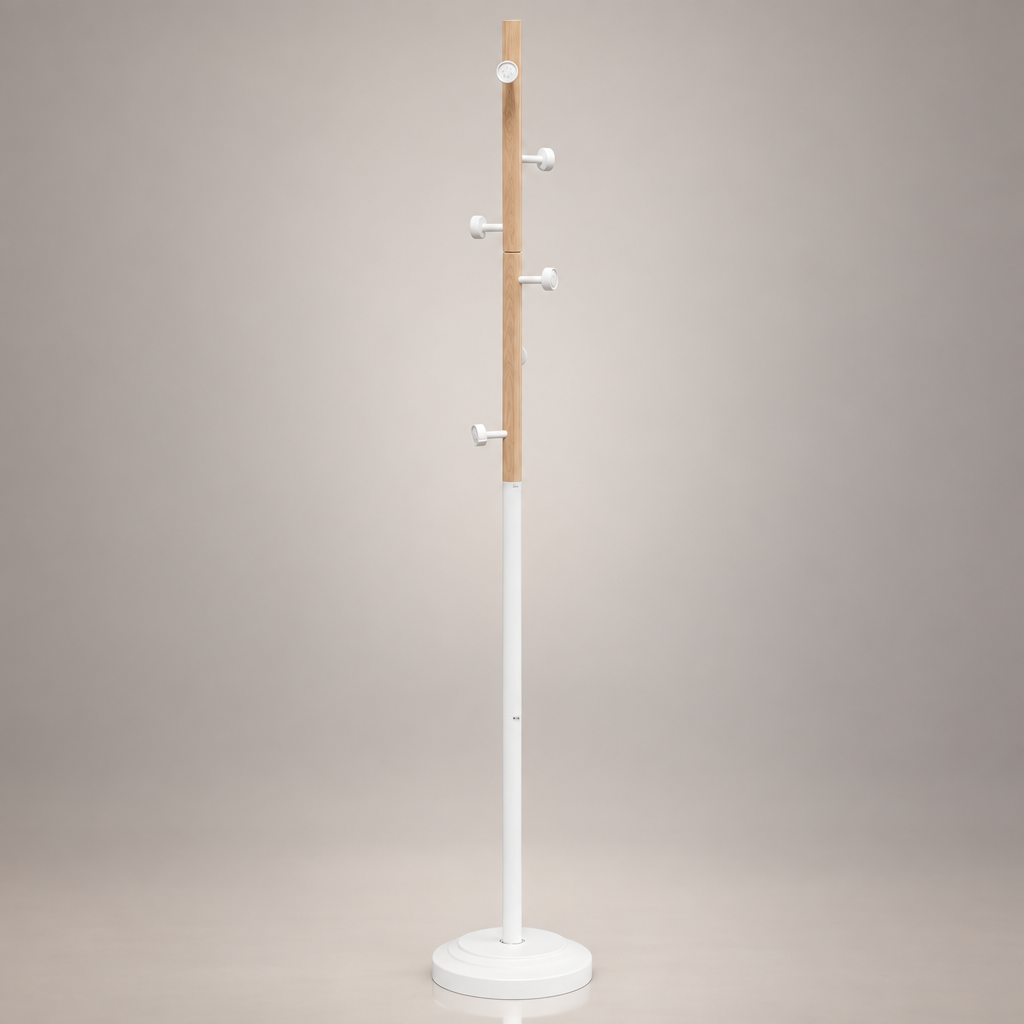 Porte-manteau sur pied blanc et bois - photo studio