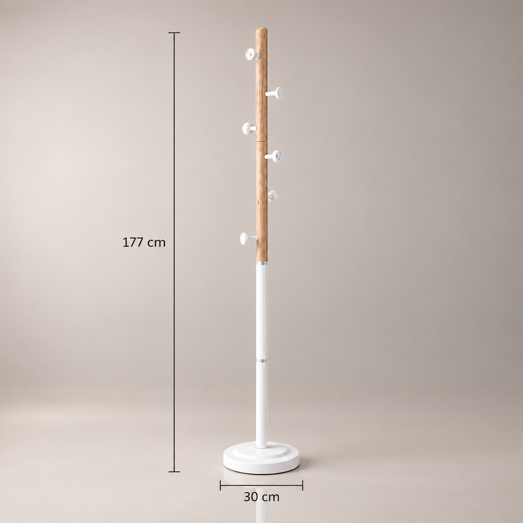 Porte-manteau sur pied blanc et bois - dimensions