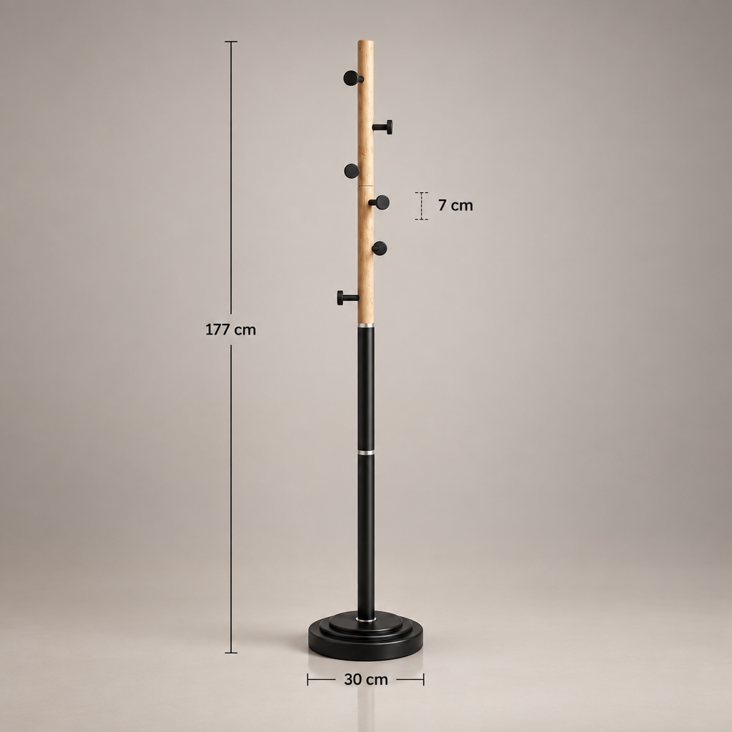 Porte-manteau sur pied noir et bois - dimensions