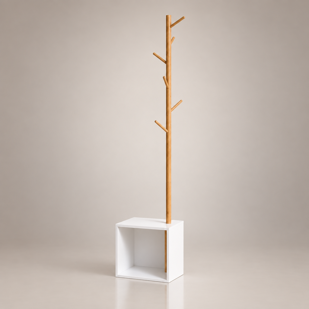 Porte-manteau sur pied bois avec cube - photo studio