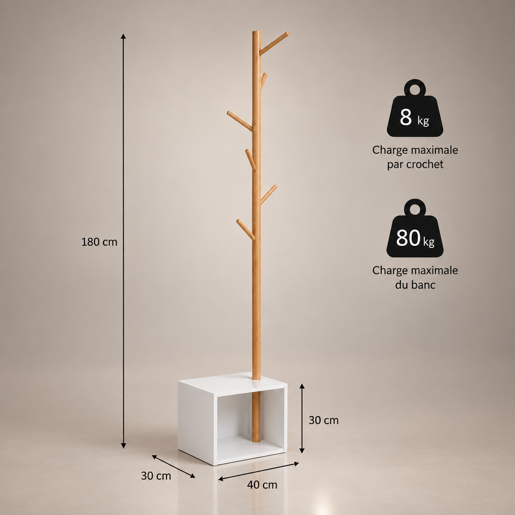 Porte-manteau sur pied bois avec cube - dimensions