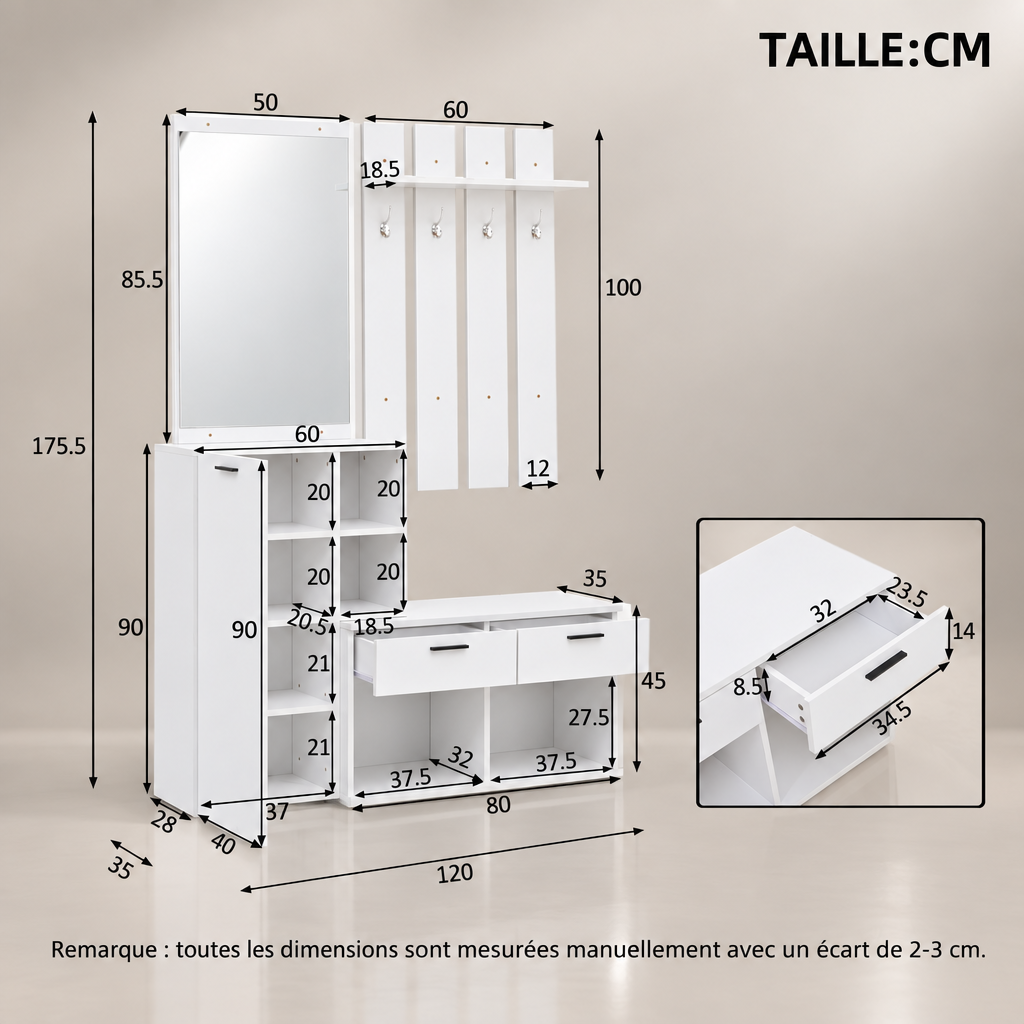 Meuble entrée blanc miroir - dimensions