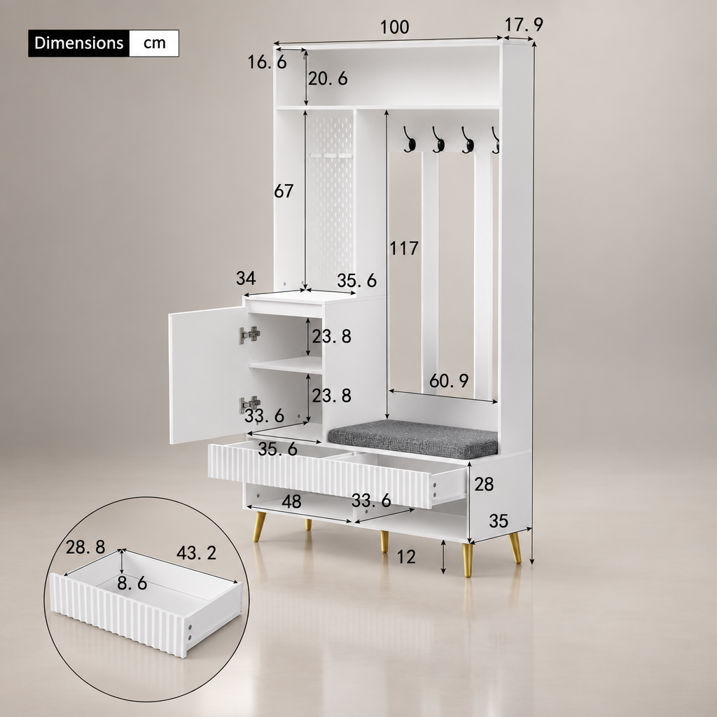 Porte-manteau couloir blanc 6-en-1 - dimensions