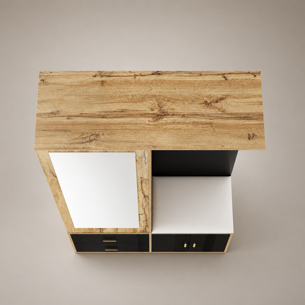 Porte-manteau compact noir et bois - zoom rangement caché