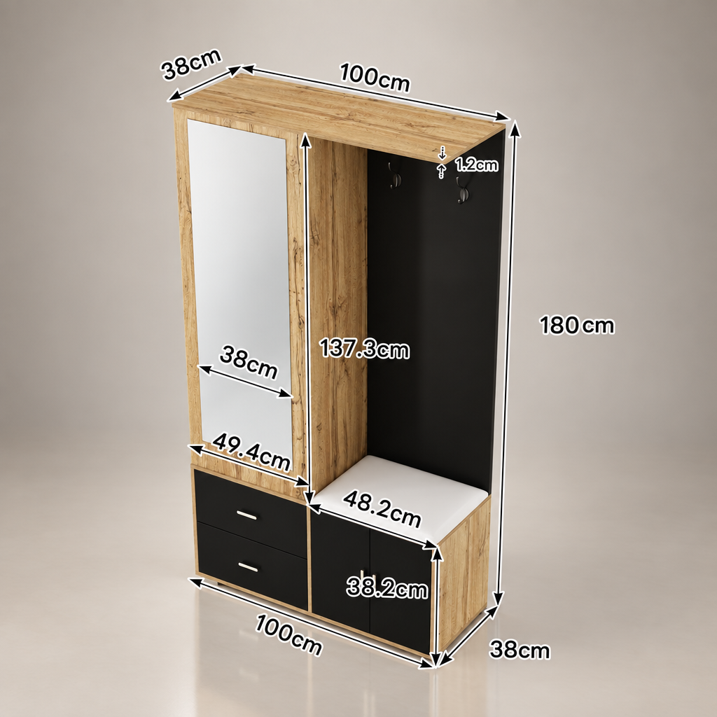 Porte-manteau compact noir et bois - dimensions