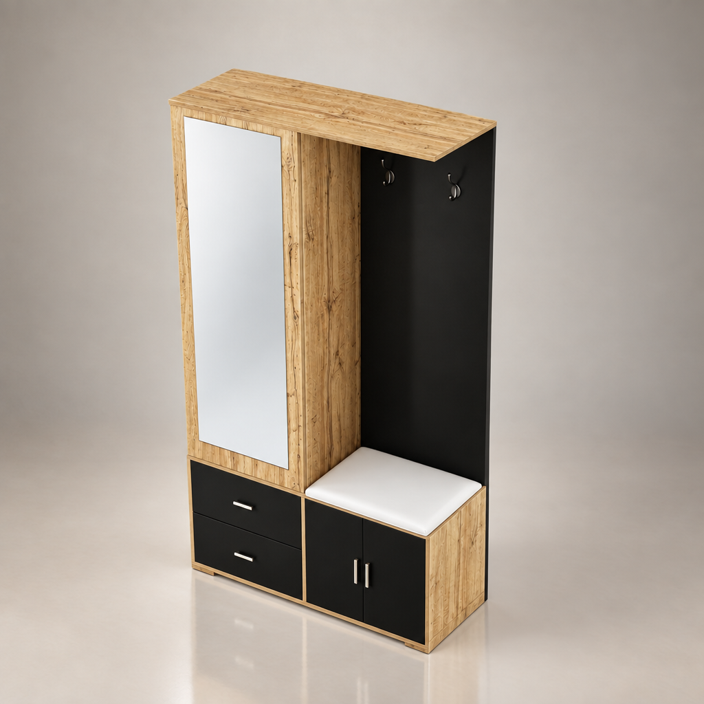 Porte-manteau compact noir et bois - photo studio angle 2