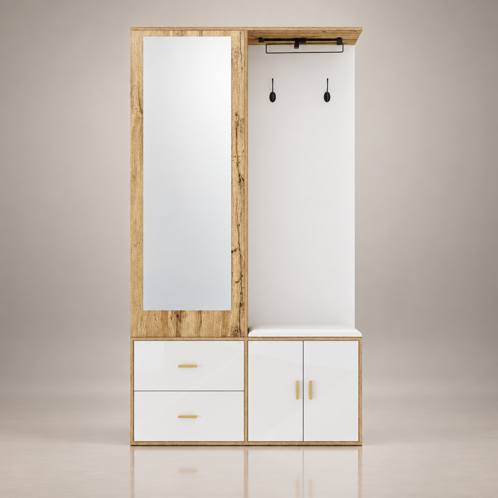 Porte-manteau compact blanc et bois - photo studio