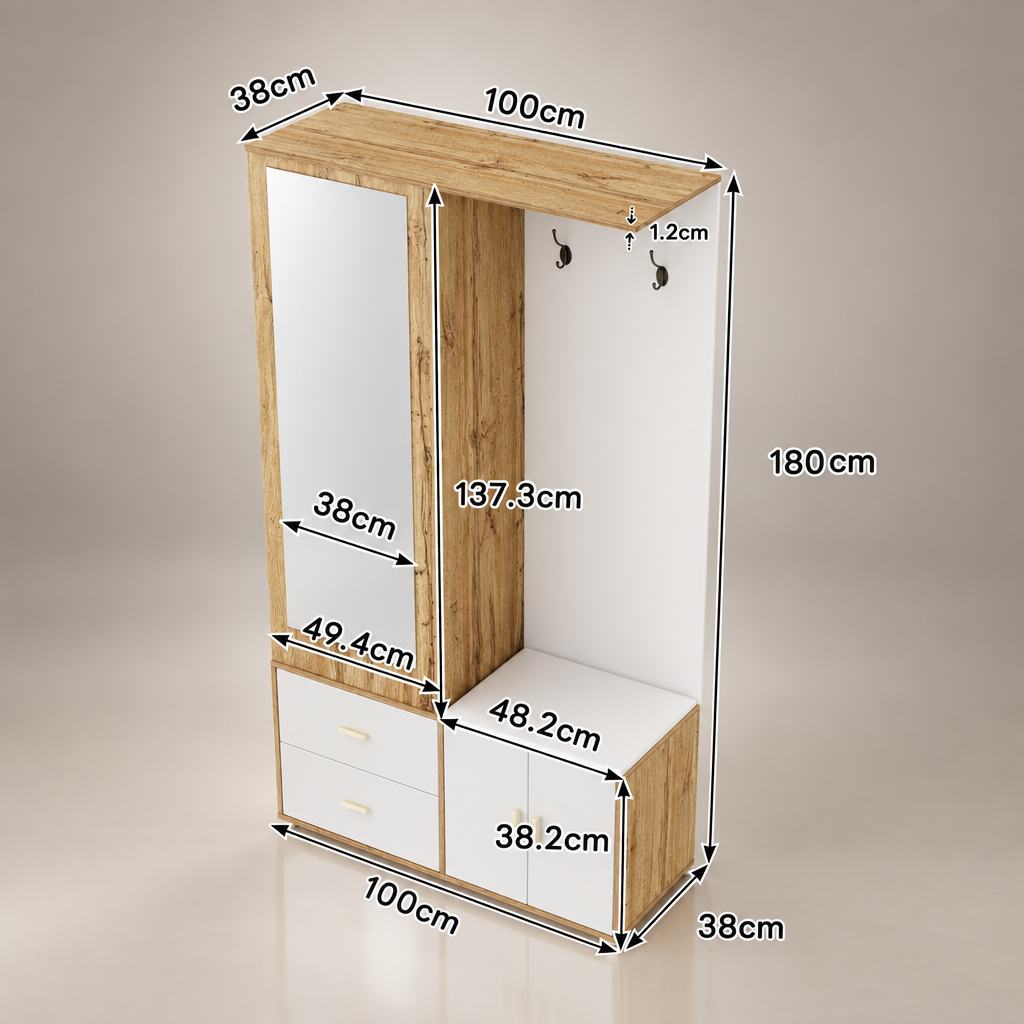 Porte-manteau compact blanc et bois - dimensions