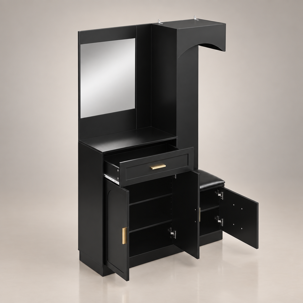 Porte-manteau compact noir miroir - zoom rangement ouvert