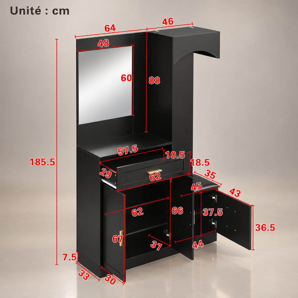 Porte-manteau compact noir miroir - dimensions