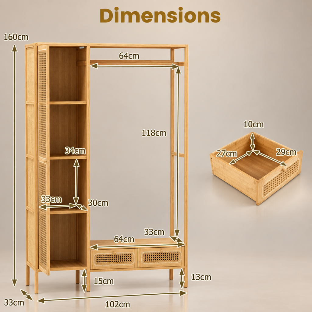 Porte-vêtements rotin double tiroir - dimensions